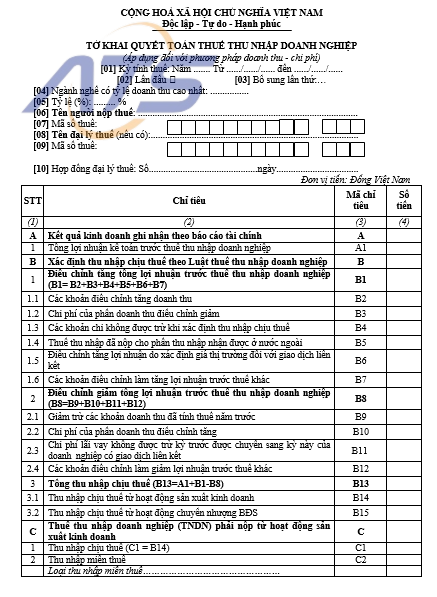 tờ khai quyết toán thuế thu nhập doanh nghiệp