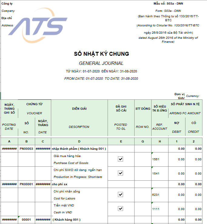 Mẫu sổ nhật ký chung theo thông tư 133 Excel