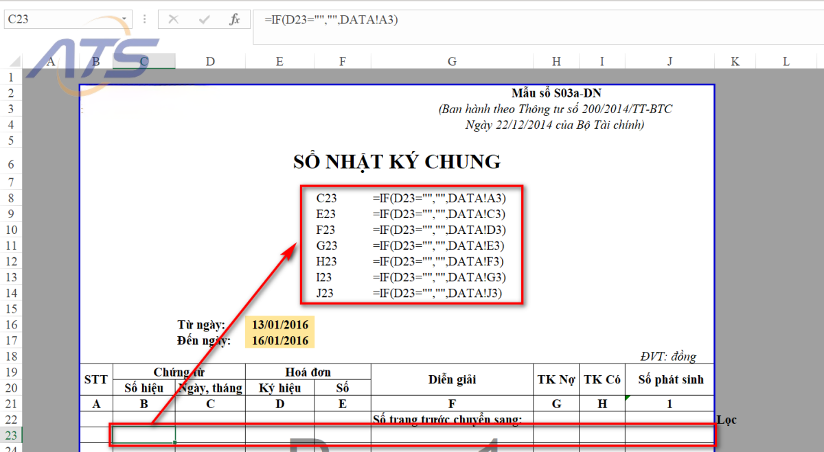 sổ nhật ký chung trên excel