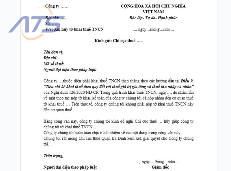 Mẫu công văn hủy tờ khai thuế thu nhập cá nhân