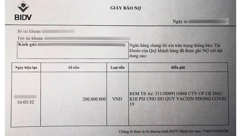 Mẫu giấy báo nợ ngân hàng BIDV 