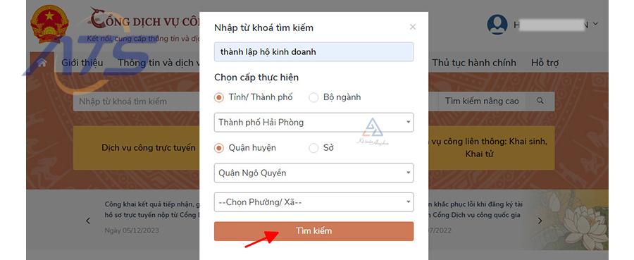 Bước 2: Tìm kiếm thủ tục “Thành lập hộ kinh doanh”