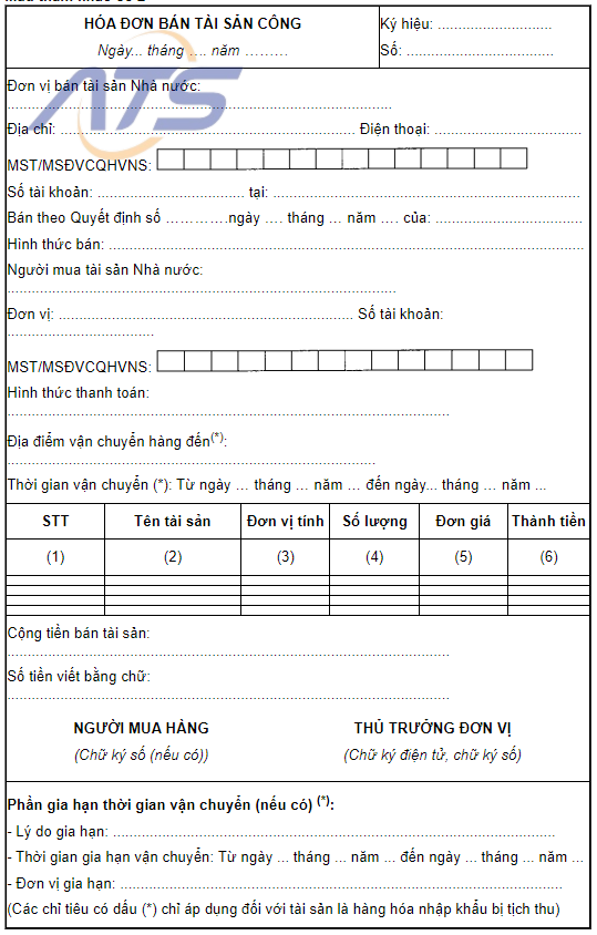 Mẫu hóa đơn bán tài sản công
