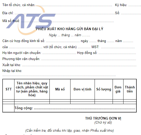 Mẫu chứng từ xuất kho hàng gửi bán đại lý