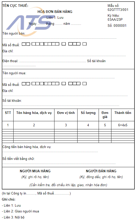 Mẫu hóa đơn bán hàng online cơ bản