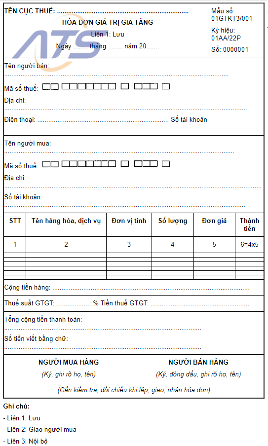 Mẫu hóa đơn Giá Trị Gia Tăng (GTGT)