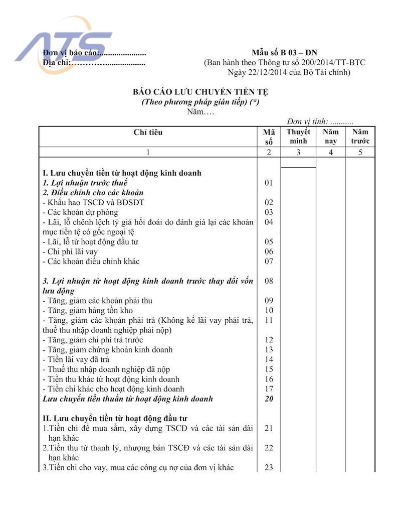 File Excel báo cáo lưu chuyển tiền tệ gián tiếp