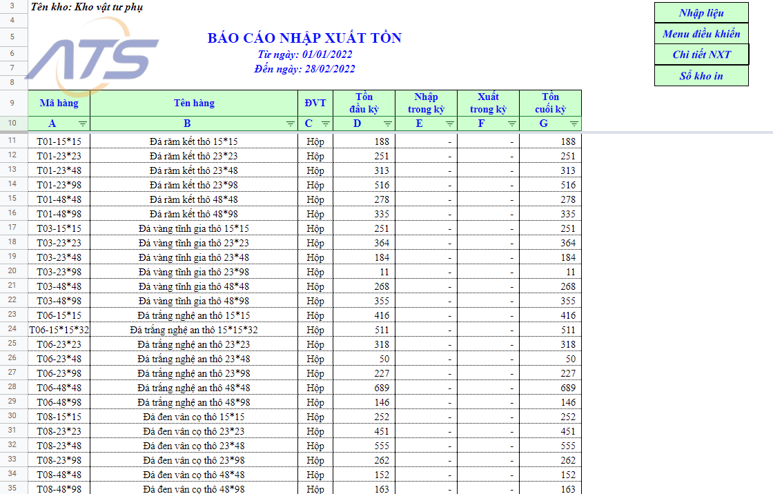Mẫu 02: File quản lý nhập – xuất – tồn kho bằng Excel với vật tư