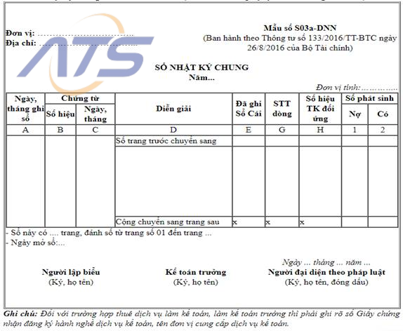 Mẫu sổ Nhật ký chung theo Thông tư số 133/2016/TT-BTC