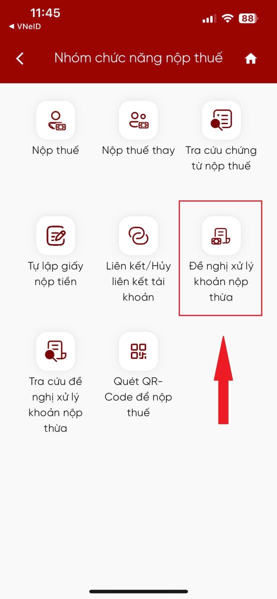 Bước 2:  Chọn “Đề nghị xử lý khoản nộp thừa”.