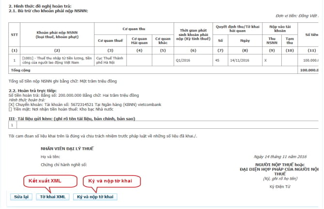 Bước 6:  Chọn “Kết xuất tờ khai XML” để tải về bản đề nghị hoàn thuế định dạng .xml.
