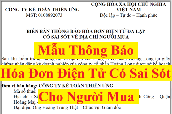 thông báo hóa đơn điện tử đã lập sai