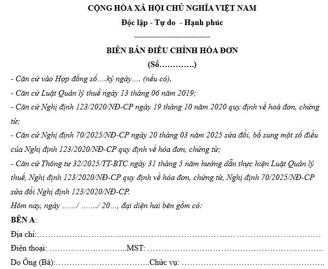 biên bản điều chỉnh hóa đơn sai số tiền
